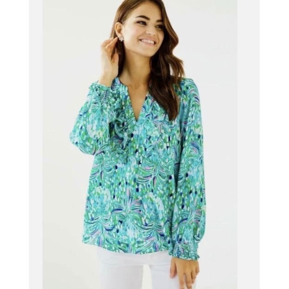 Lilly Pulitzer Green Blue Printed Long-Sleeve V-Neck Blouse